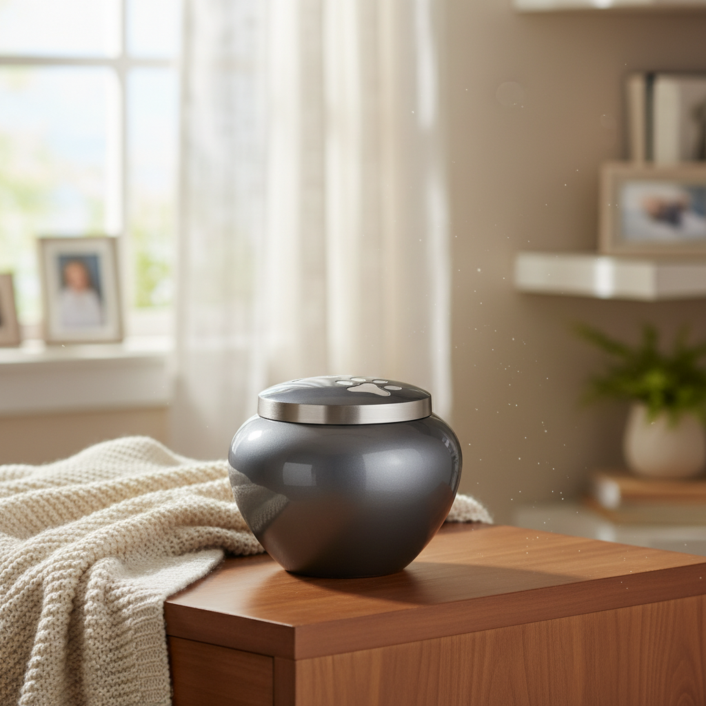 Middelgrote metalen dierenurn in antracietgrijs met glans