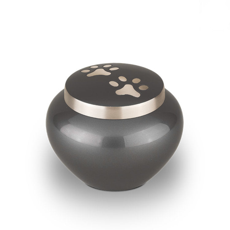 Metaal urn antracietgrijs en zilver met dierenmotief klein glanzend