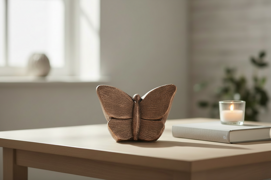 Keramische mini urn Mariposa met bronzen vlindermotief
