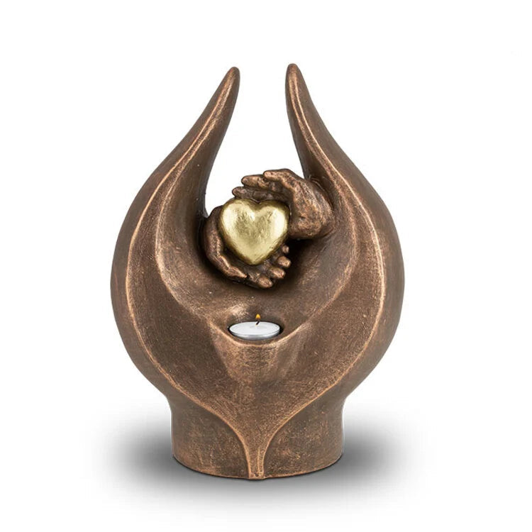 Keramische urn bronskleur met motief Gevoelens en waxinelichtje