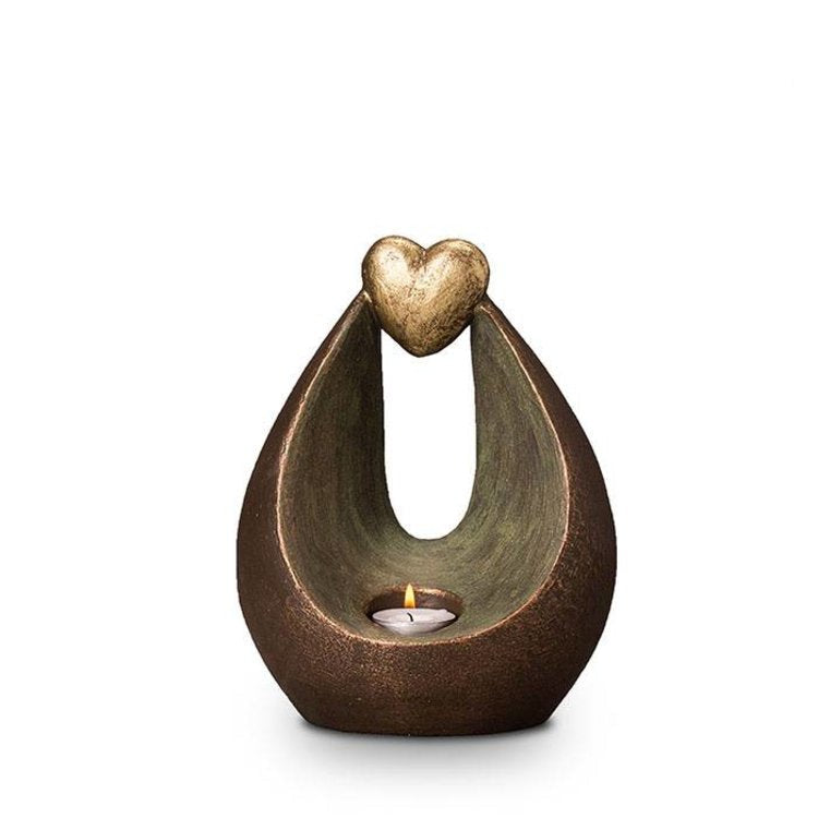 Keramische urn bronskleur met motief Verlichte hart en waxinelichtje