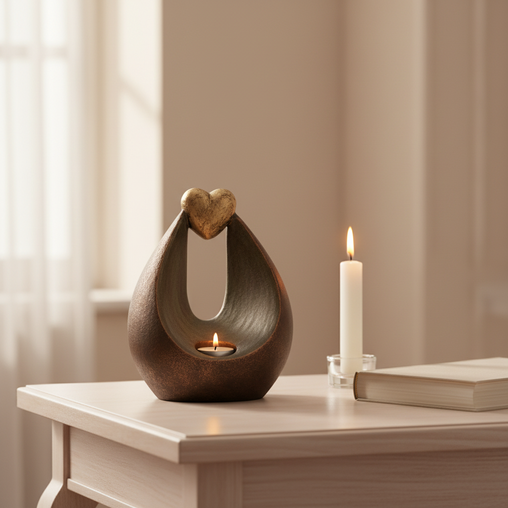 Keramische urn bronskleur met motief Verlichte hart en waxinelichtje