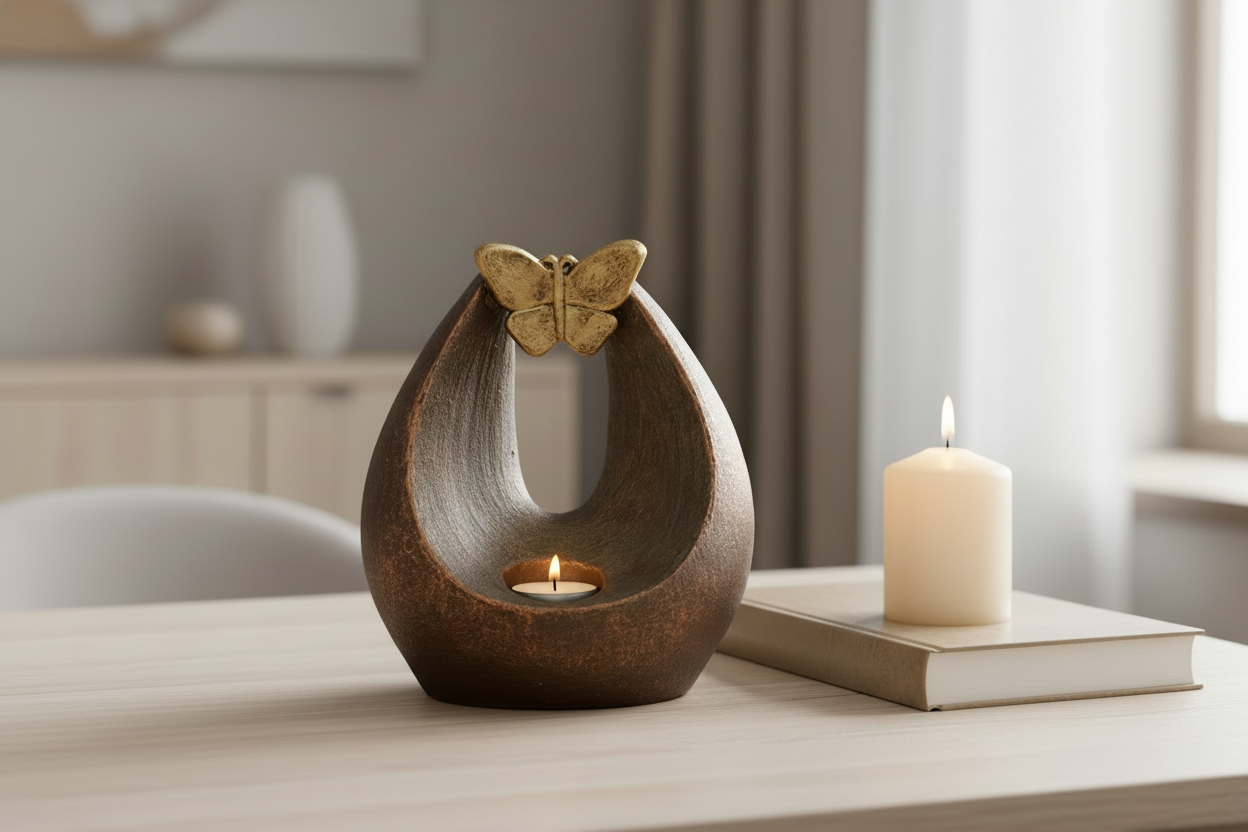 Keramische urn bronskleur met verlichte vlinder – handgemaakt kunstobject