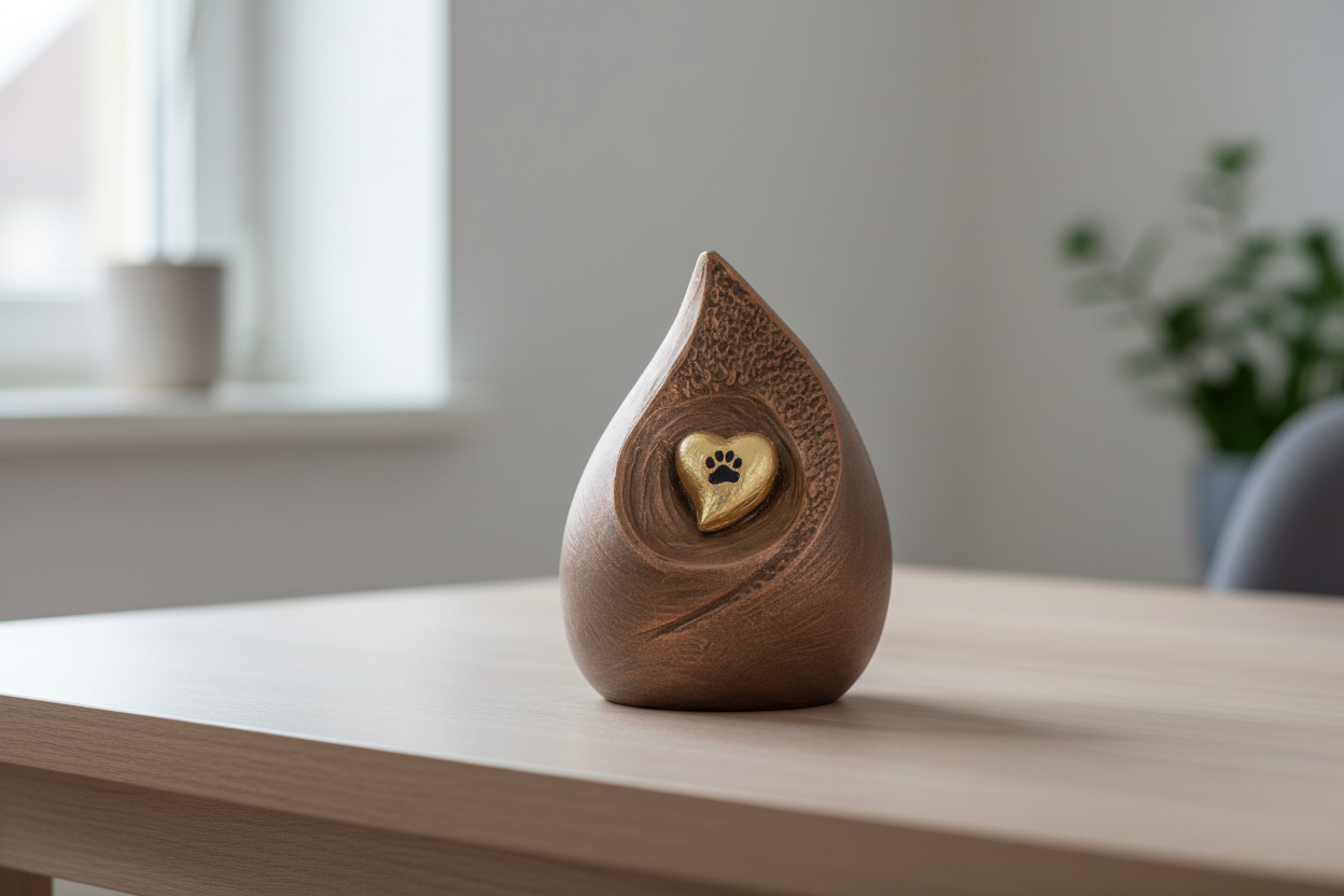 Keramische urn goud bronskleur met dierfiguur kunstzinnig