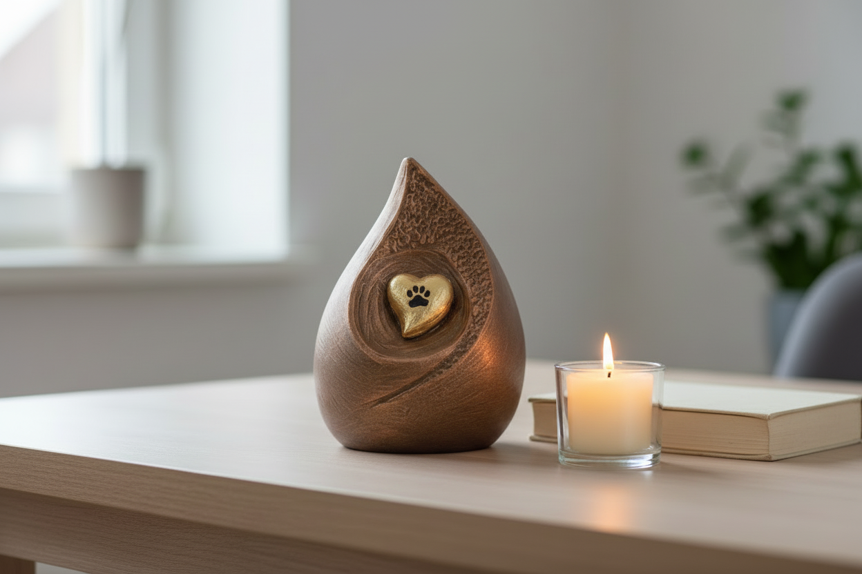 Keramische urn goud bronskleur met dierfiguur kunstzinnig