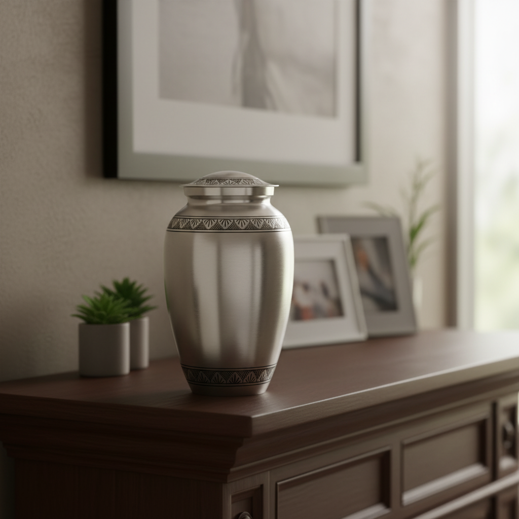 Metalen urn zilver mat, ambachtelijk en duurzaam