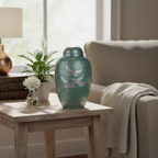 Metalen urn ambachtelijk vervaardigd.