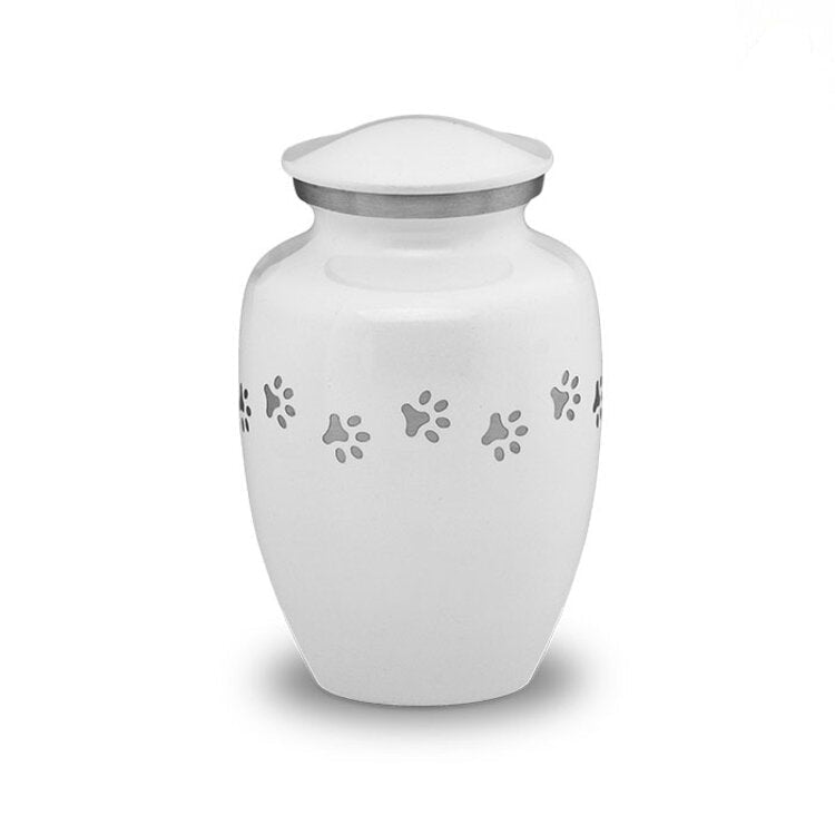 Metaal urn wit en zilver met dierenpootjes groot glanzend