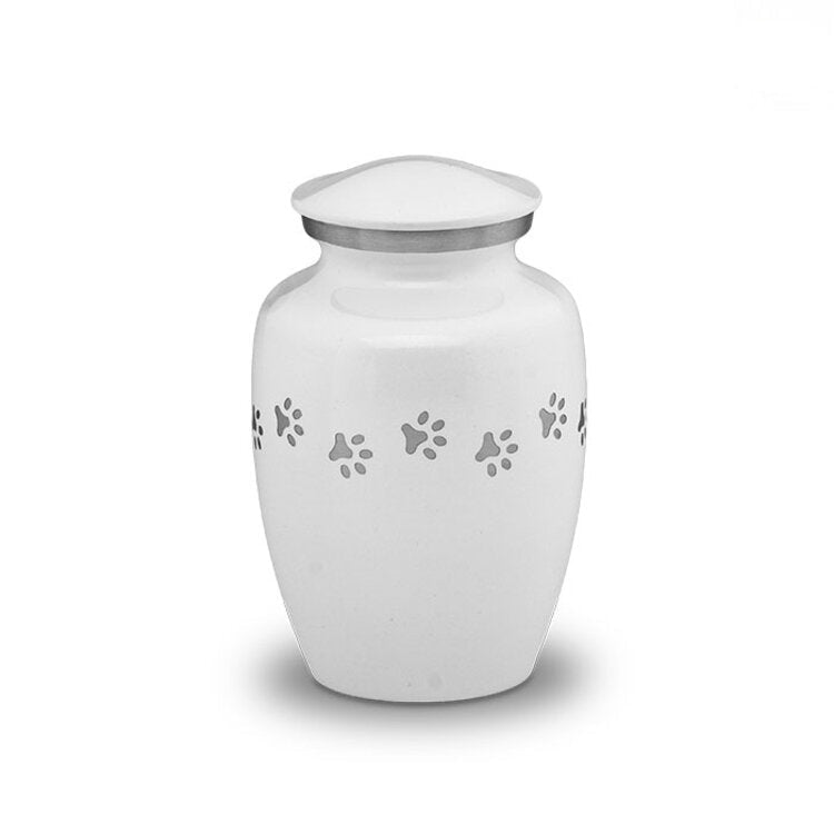 Metaal urn wit en zilver met dierenpootjes medium elegant