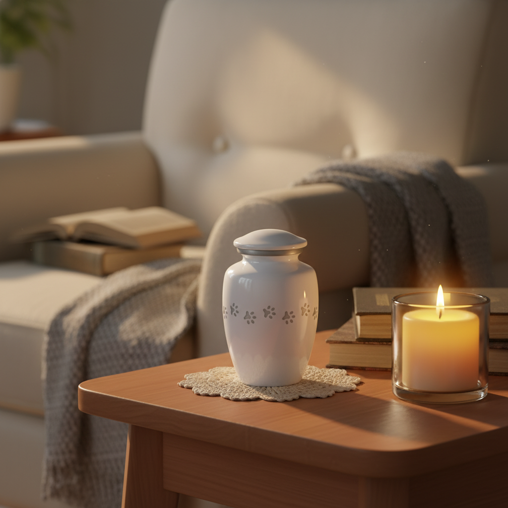 Metaal urn wit en zilver met dierenpootjes klein klassiek