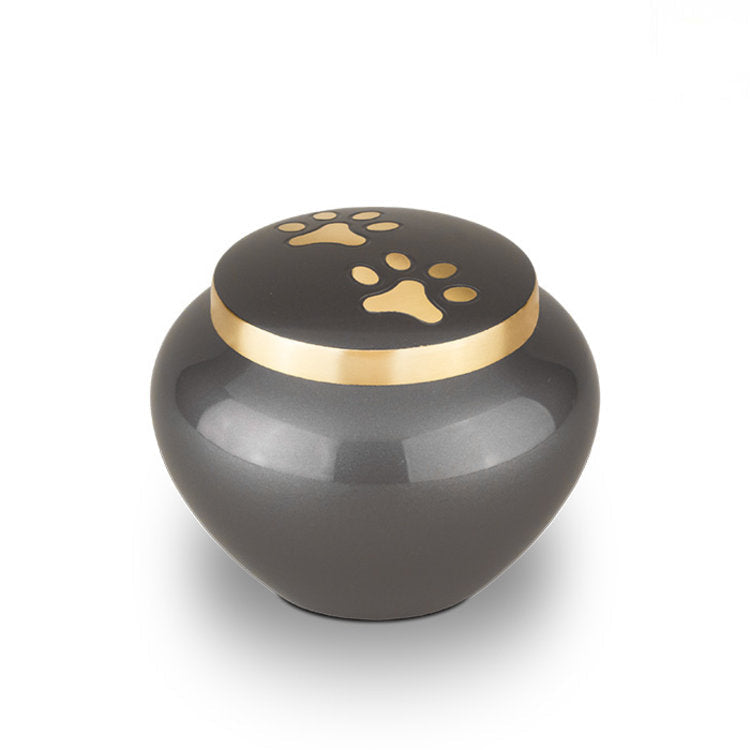 Metaal urn antracietgrijs en goudkleur klein glanzend en warm