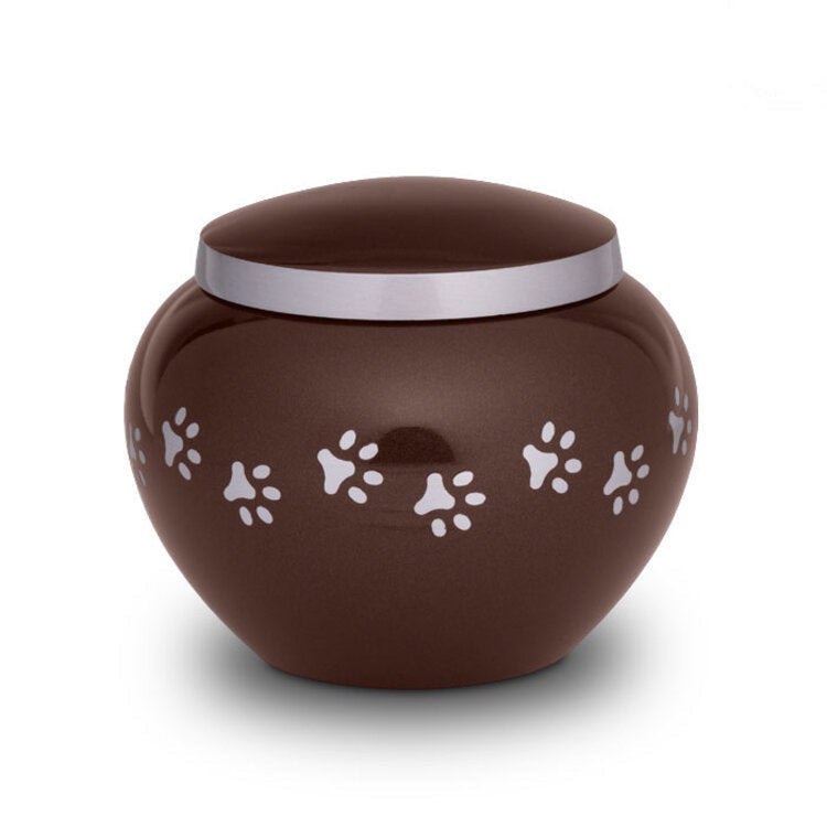 Metaal urn donkerbruin en zilver groot glanzend en warm