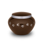 Metaal urn donkerbruin en zilver klein glanzend en warm