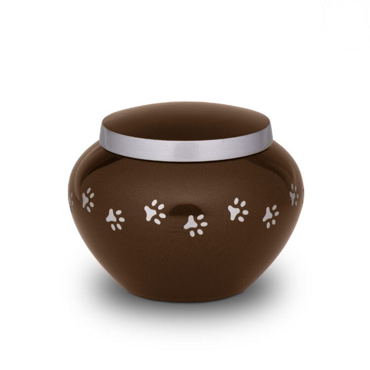 Metaal urn donkerbruin en zilver klein glanzend en warm