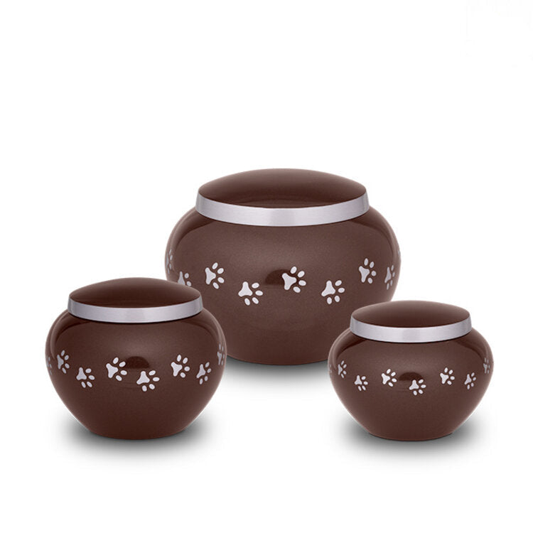 Metaal urn donkerbruin en zilver klein glanzend en warm