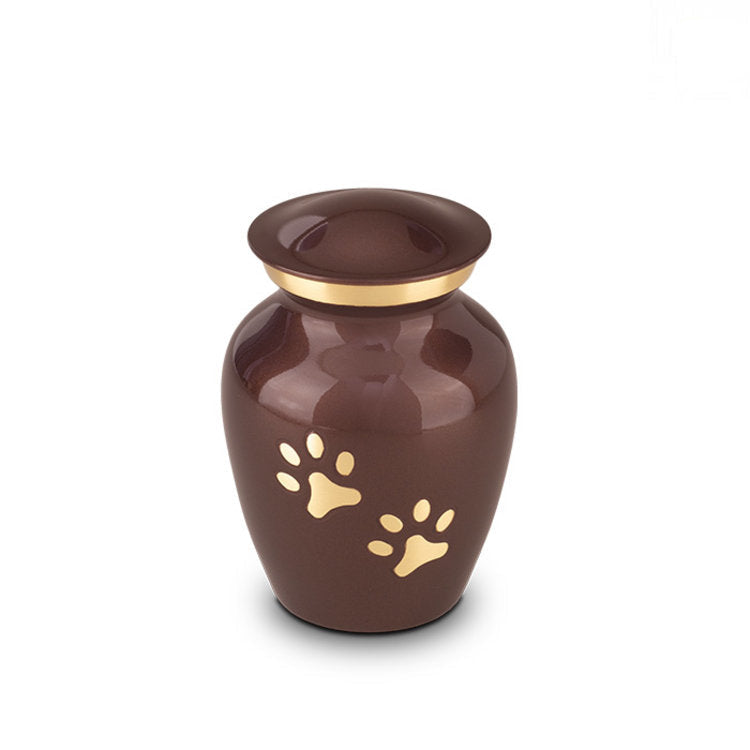 Metaal urn donkerbruin en goudkleur klein glanzend en elegant