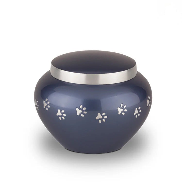 Messing urn nachtblauw en zilver klein glanzend en ambachtelijk