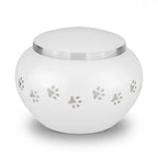 Metaal urn wit en zilver groot glanzend met dierenpootjes