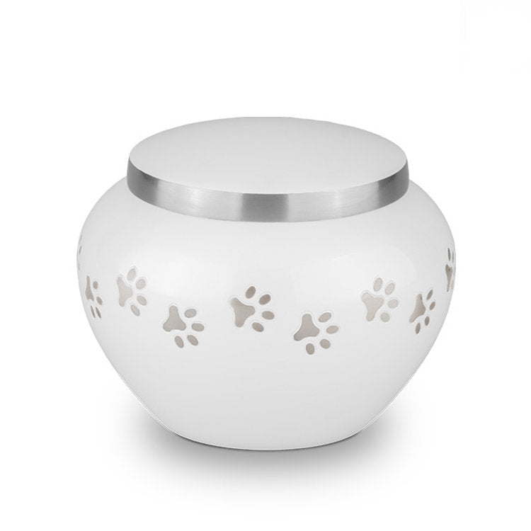 Metaal urn wit en zilver medium glanzend met dierenpootjes