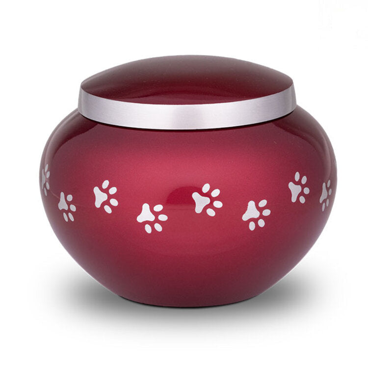 Grote metalen dierenurn bordeaux rood met zilverkleurige details glanzend en personaliseerbaar