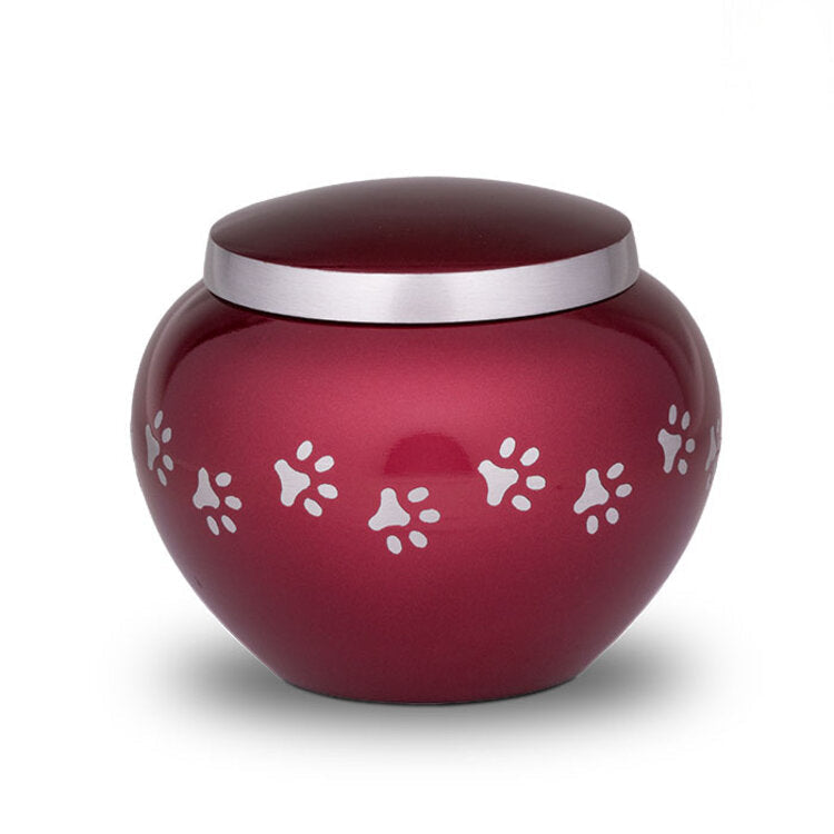 Medium metalen dierenurn bordeaux rood met zilverkleurige details glanzend en personaliseerbaar