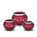 Medium metalen dierenurn bordeaux rood met zilverkleurige details glanzend en personaliseerbaar