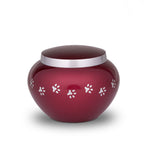 Kleine metalen dierenurn bordeaux rood met zilverkleurige details glanzend en personaliseerbaar