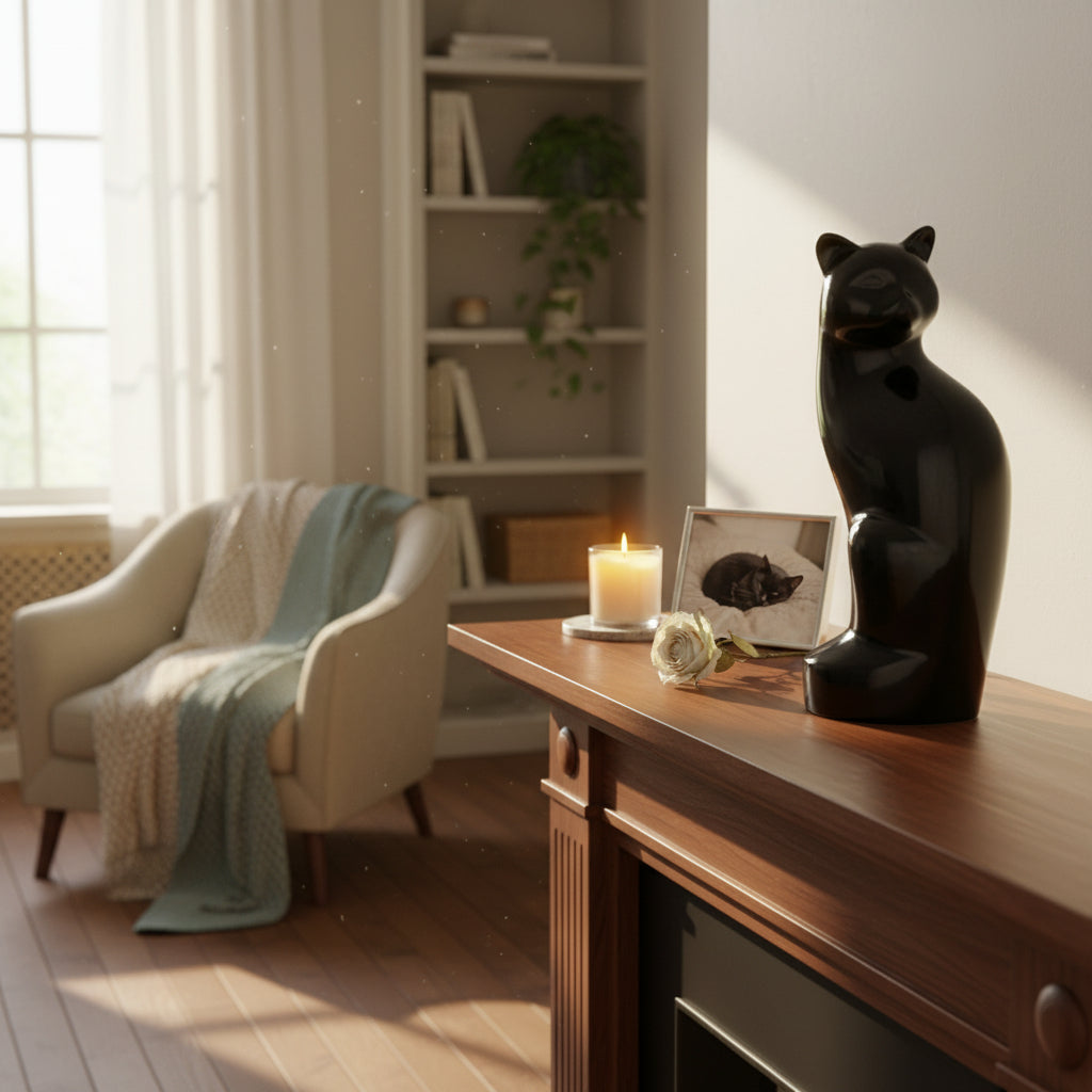 Zwarte metalen kattenurn glanzend met persoonlijke optie hoogwaardig en ambachtelijk