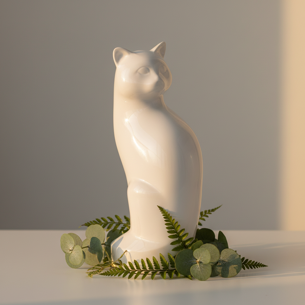 Witte metalen kattenurn glanzend met personalisatiemogelijkheid hoogwaardig ambachtelijk