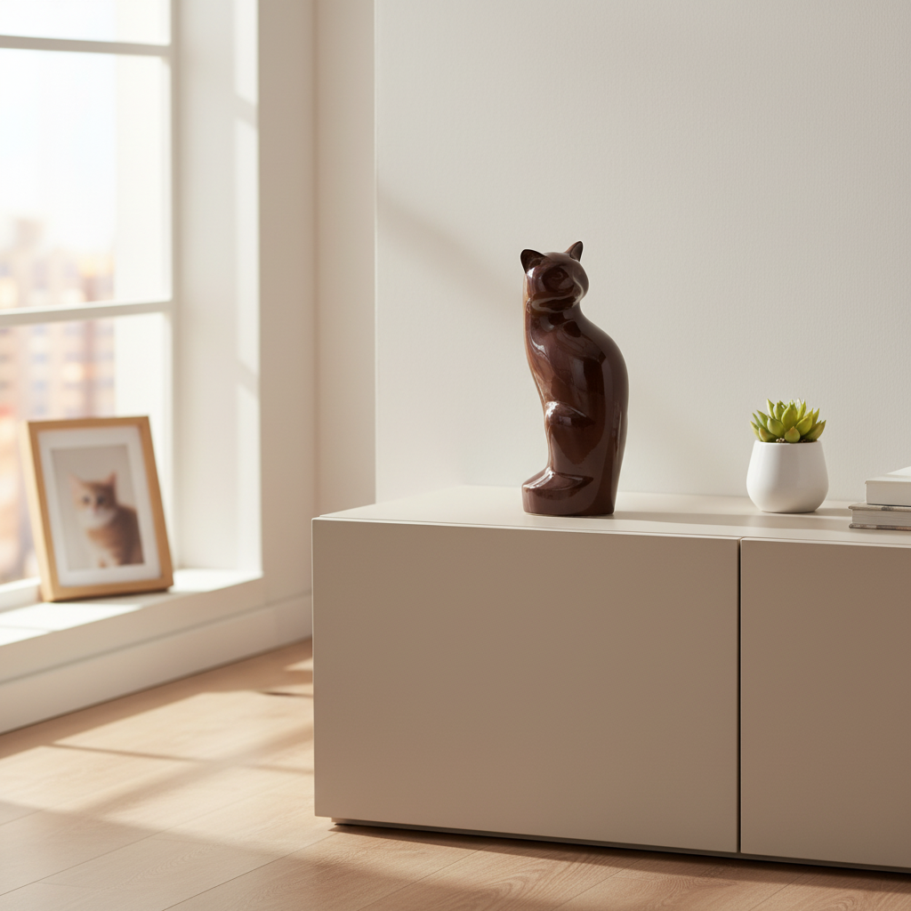 Donkerbruine metalen kattenurn glanzend met personalisatiemogelijkheid ambachtelijk en duurzaam