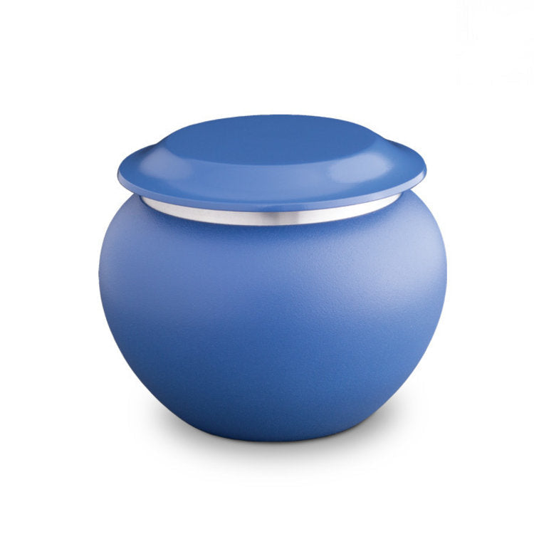 Middelgrote metalen dierenurn signaalblauw met zilverkleurige mat en glans