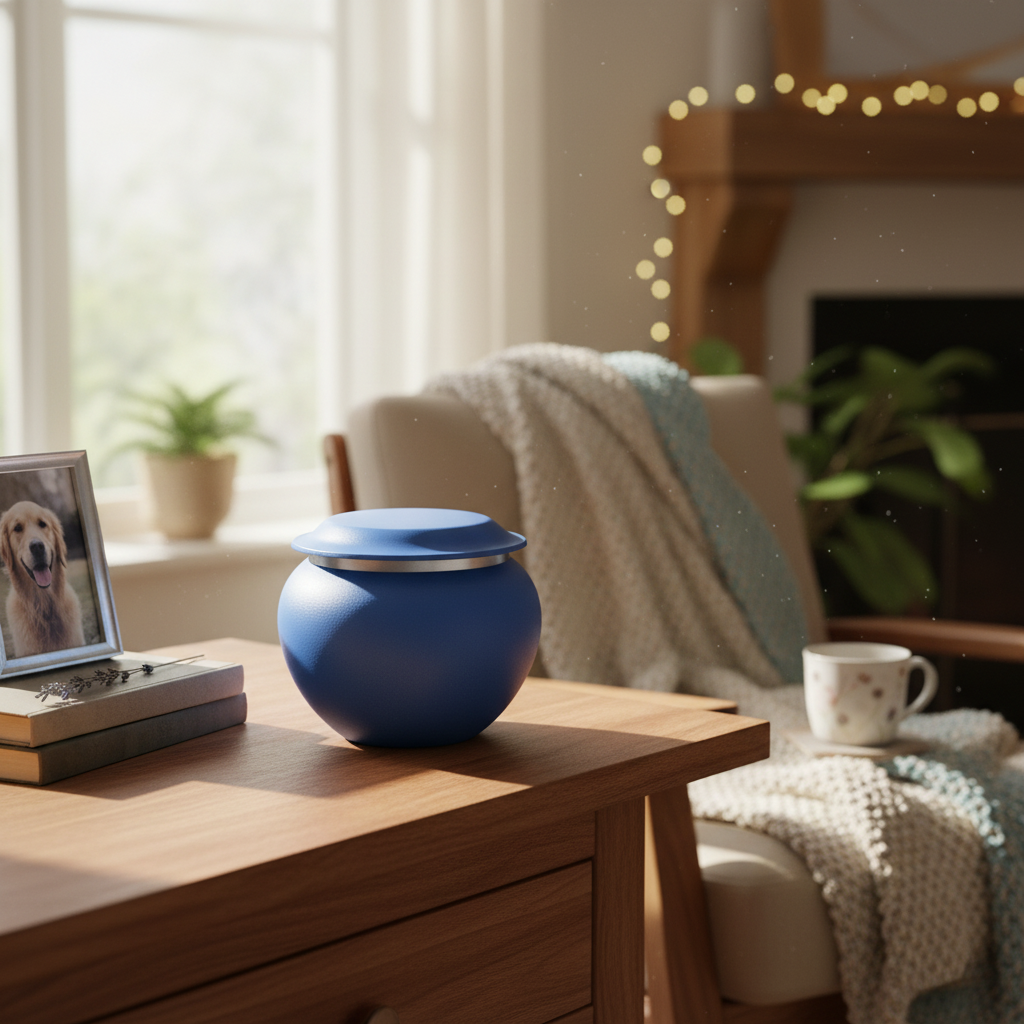 Middelgrote metalen dierenurn signaalblauw met zilverkleurige mat en glans