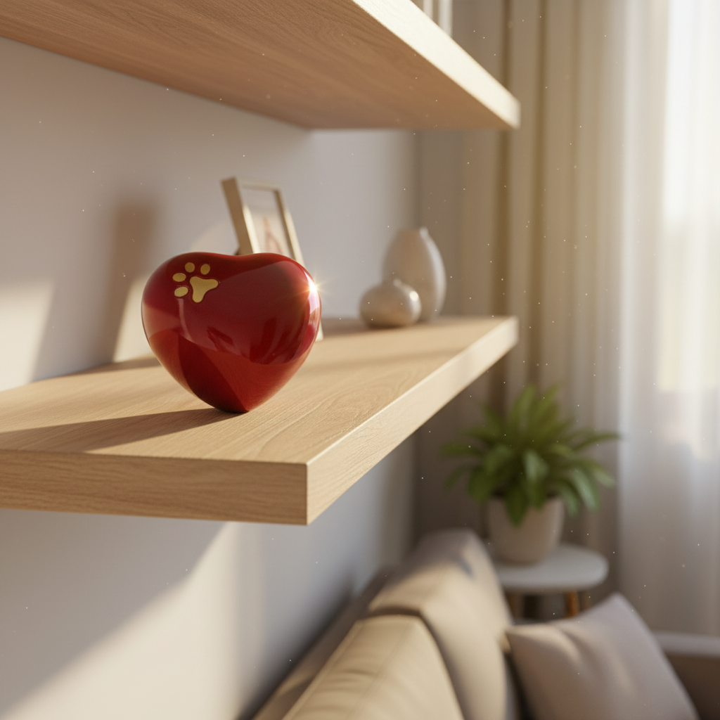 Dieren urn metaal bordeaux rood en zilver hartvorm