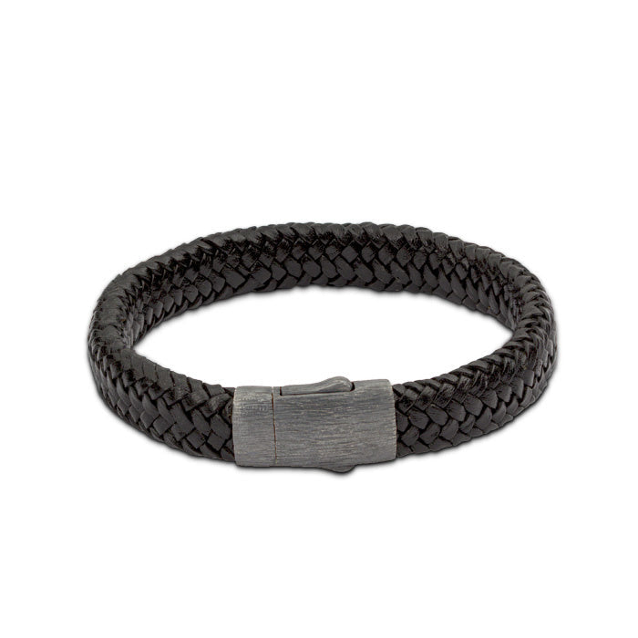 Lederen armband zwart gevlochten met zilveren sluiting en askamertje