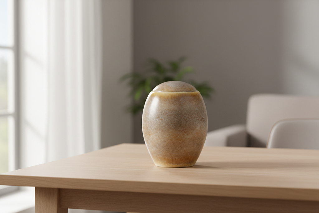 Keramische urn Sandy White beige met ovale vorm