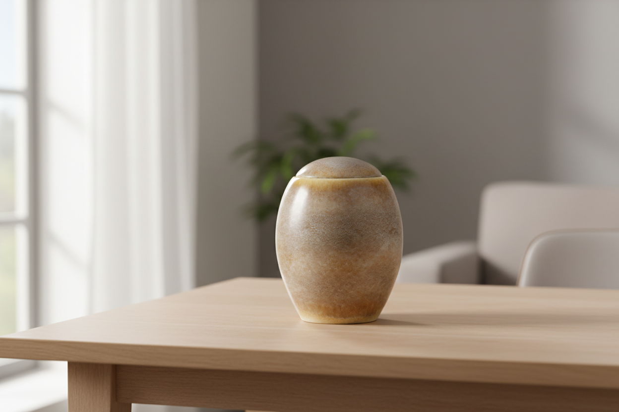 Keramische urn Sandy White beige met ovale vorm