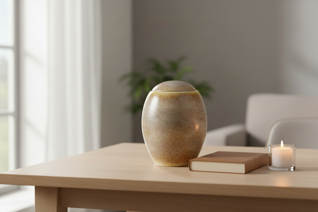 Keramische urn Sandy White beige met ovale vorm