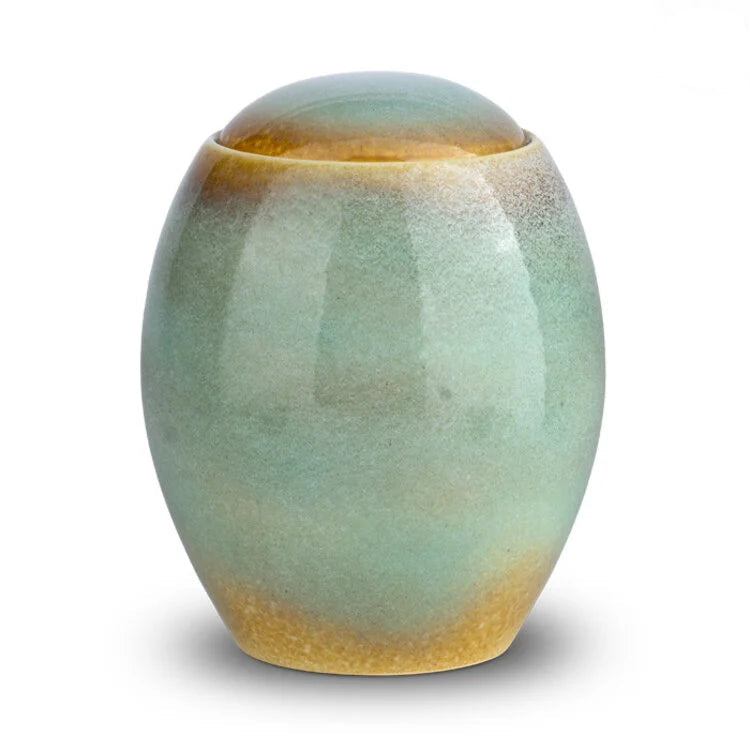 Keramische urn turquoise blauwgroen met ovale vorm