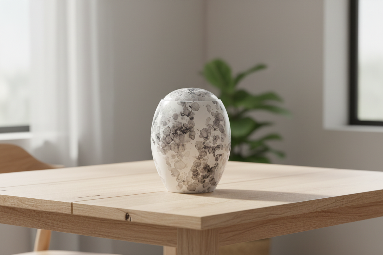 Keramische urn wit-beige met ovale vorm en bubbels patroon