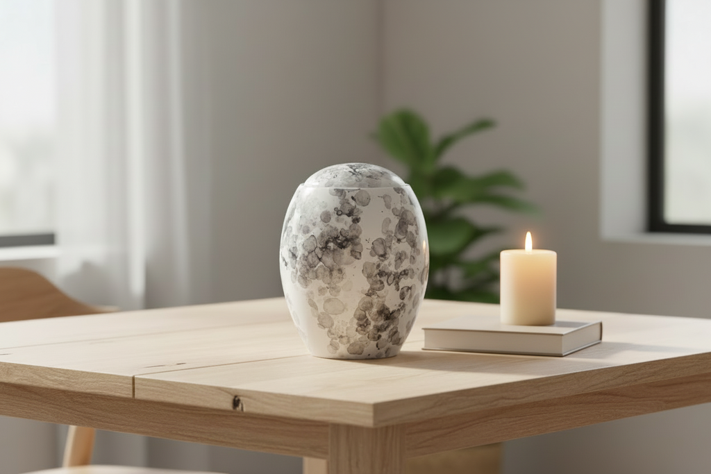 Keramische urn wit-beige met ovale vorm en bubbels patroon