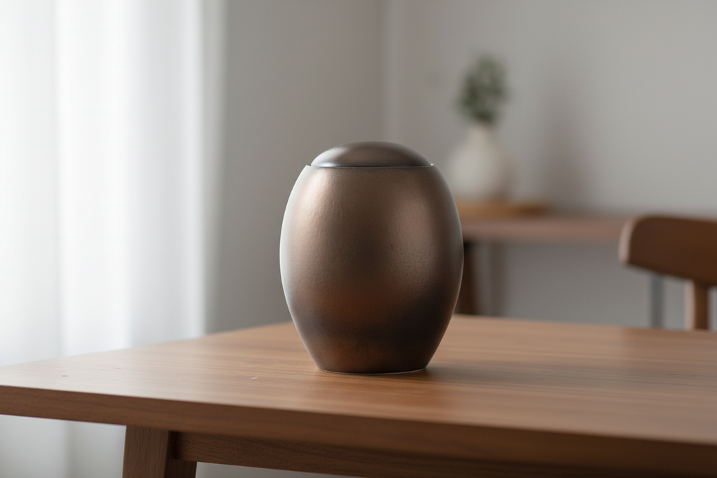 Keramische urn bronskleur met ovale vorm