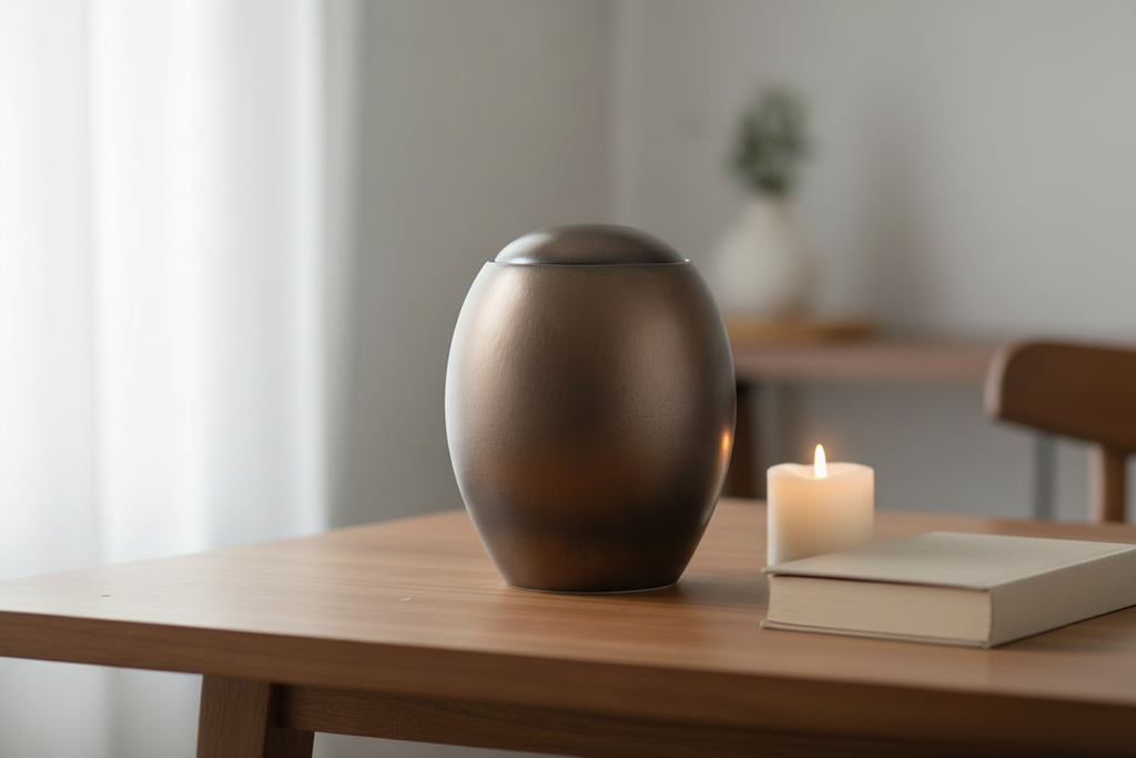 Keramische urn bronskleur met ovale vorm