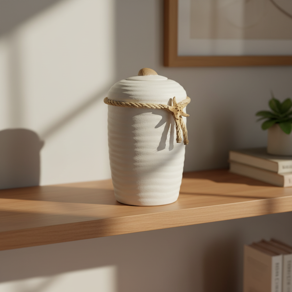 Biologische urn wit zee thema met schelp en zeester