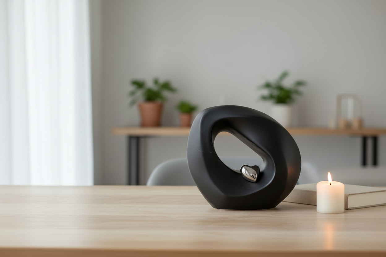 Keramische mini urn zwart met zilverkleur en matte afwerking