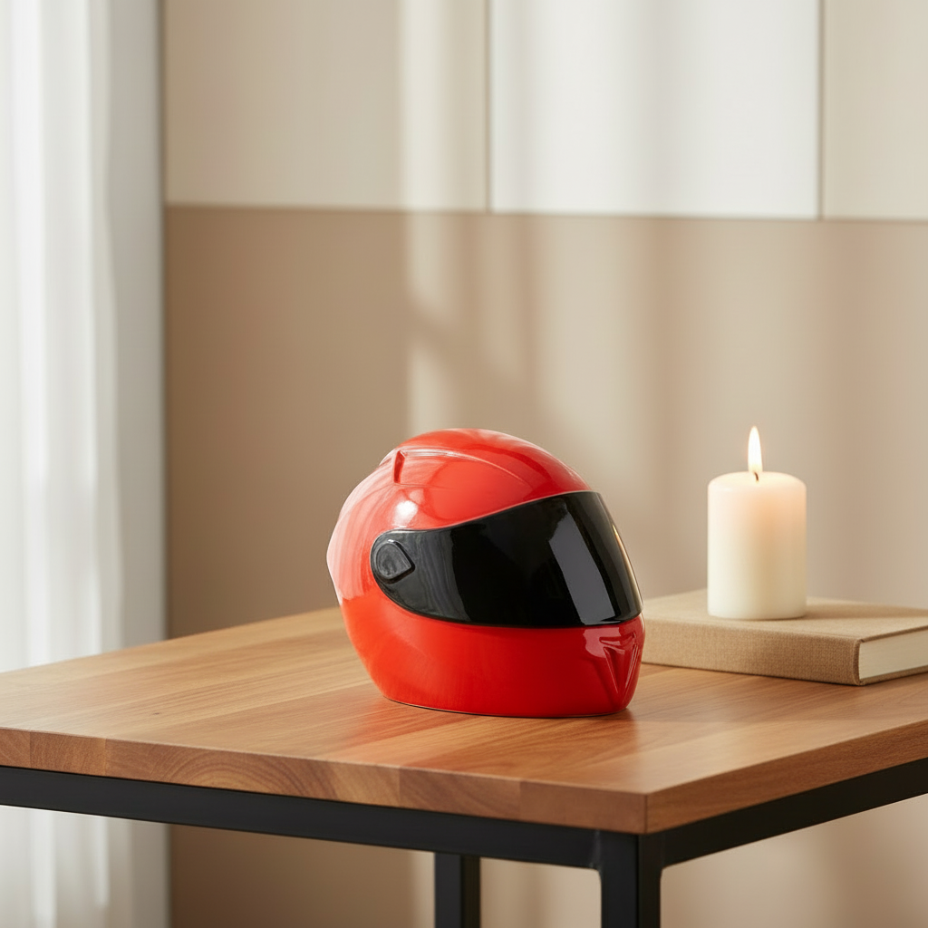 Keramische urn zwart met motorhelm vorm