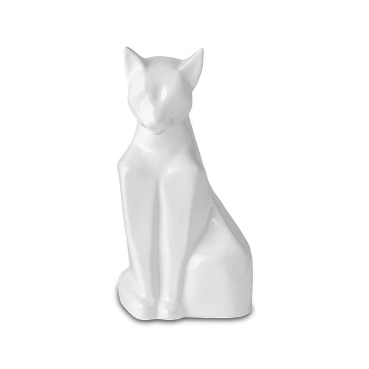 Keramische dierenurn kat glanzend wit met kleurrijke emaille afwerking
