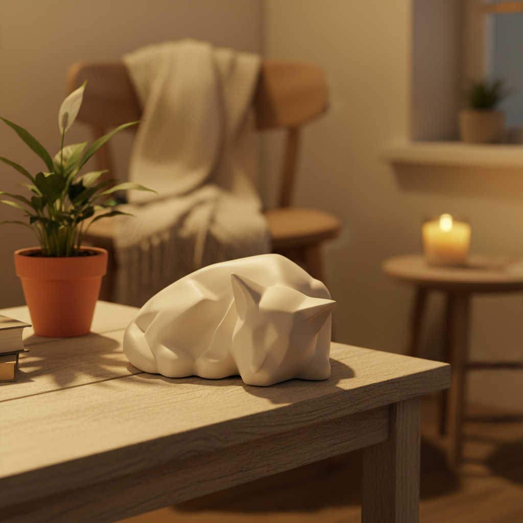 Keramische dierenurn kat mat wit met kleurrijke emaille