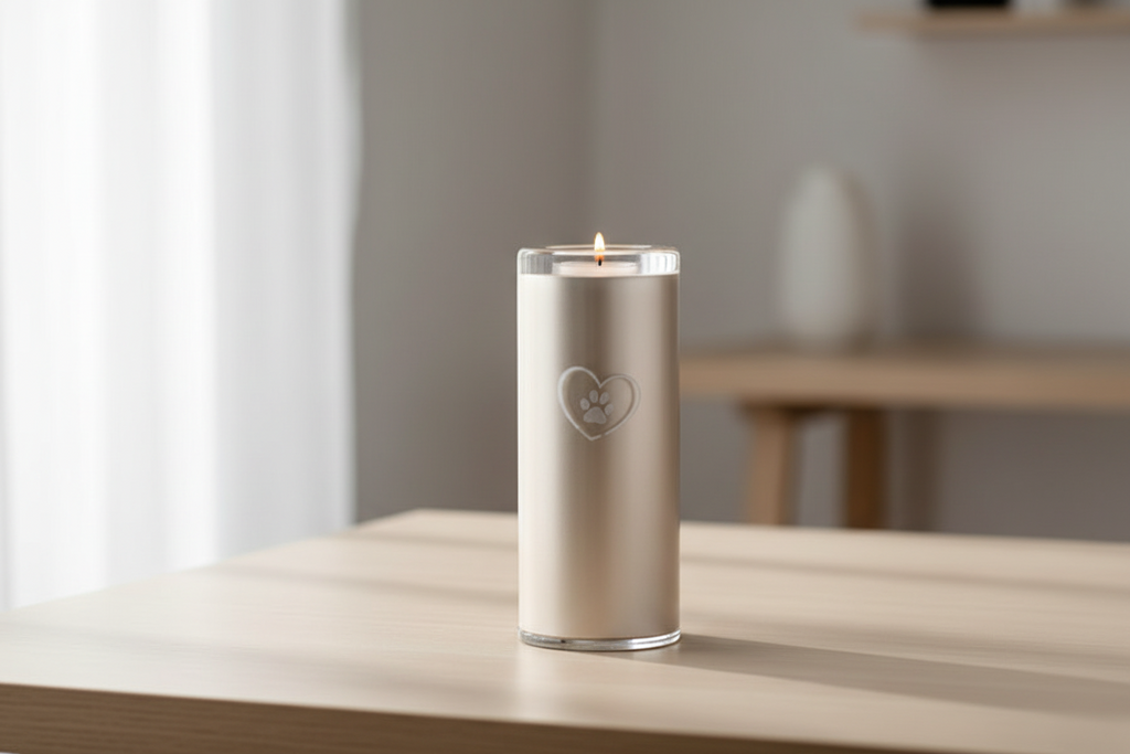 Glazen dierenurn cappuccino medium handgeblazen