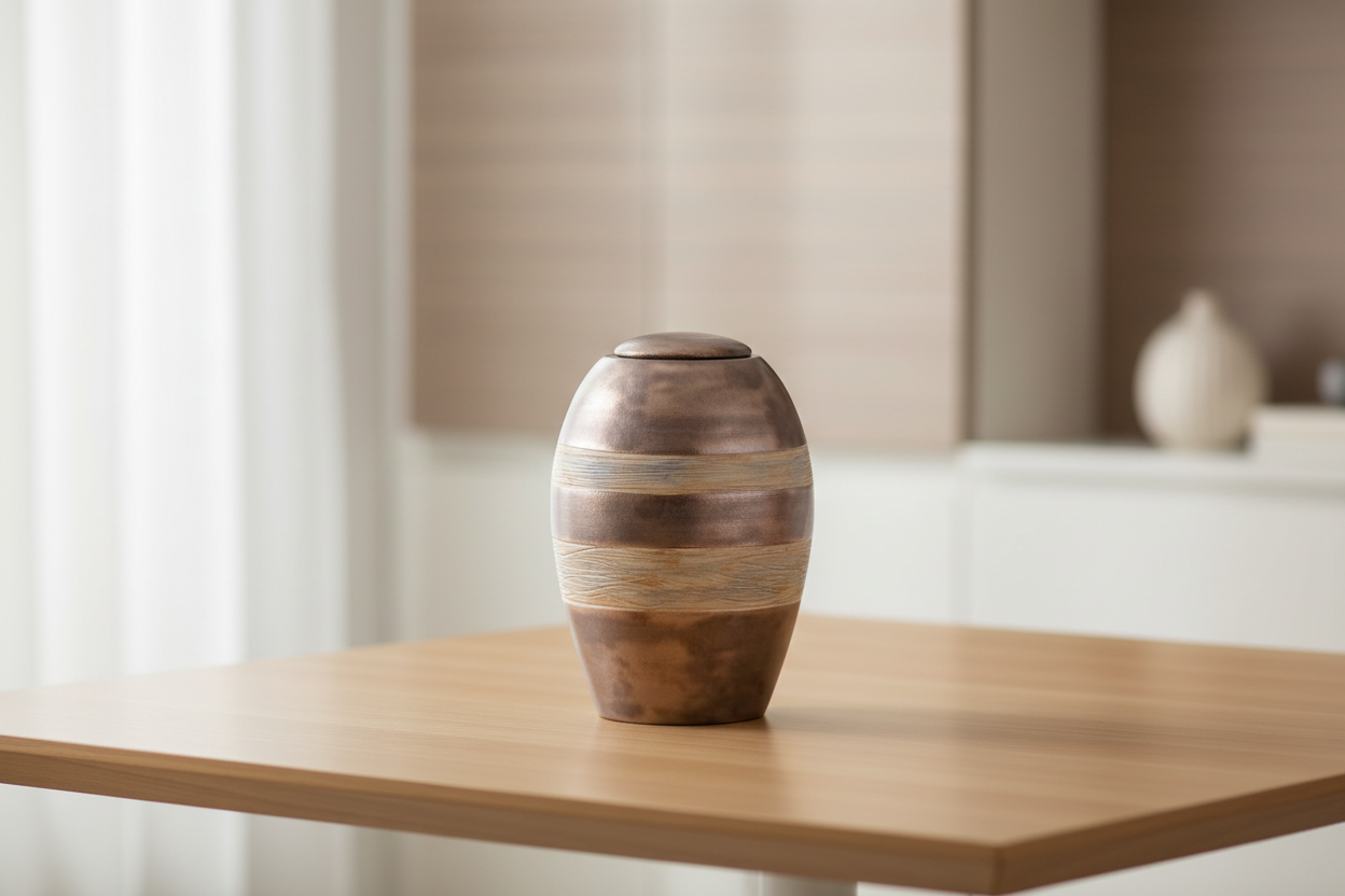 Keramische urn metallic blauw met glanzende afwerking