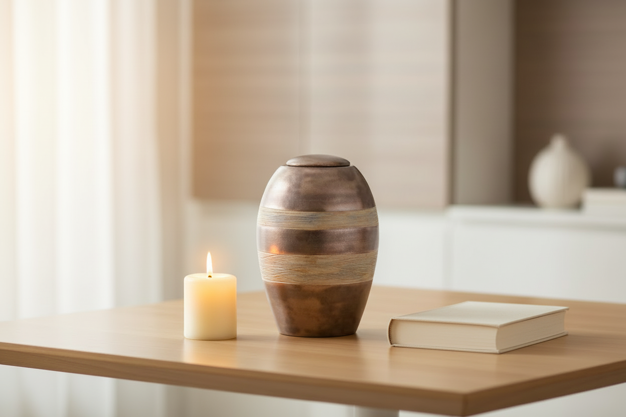 Keramische urn metallic blauw met glanzende afwerking